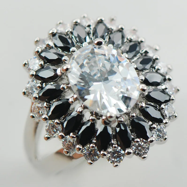 

Black White Crystal Zircon 925 Sterling Silver Ring Size 6 7 8 9 10 11 A32