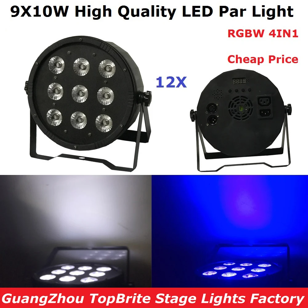 

12 шт./лот, дешевая цена, 9X10W RGBW 4IN1, LED плоский Par свет, высокая мощность 120 Вт, LED сценическое Dj диско освещение для вечеринки, свадьбы, ночного кл...