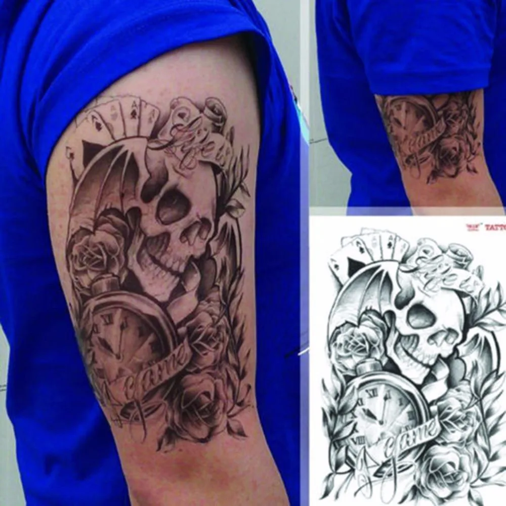 

Sexy Black Temporary Tattoo Skull Clock Body Arm Stickers Removable Fashion Large Waterproof Tattoos Men Male