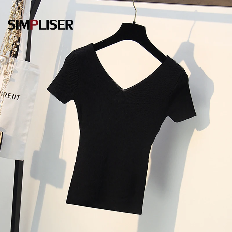 Thin Pullovers Women 2019 Summer Knitted Tees V-neck Short Sleeve Female Knitting shirts Ladies Stretch Tops White black blue | Женская