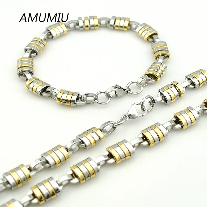 

AMUMIU новые цепочки для мужчин и женщин, ювелирные изделия из нержавеющей стали 1 ожерелье + 1 браслет HZTZ061