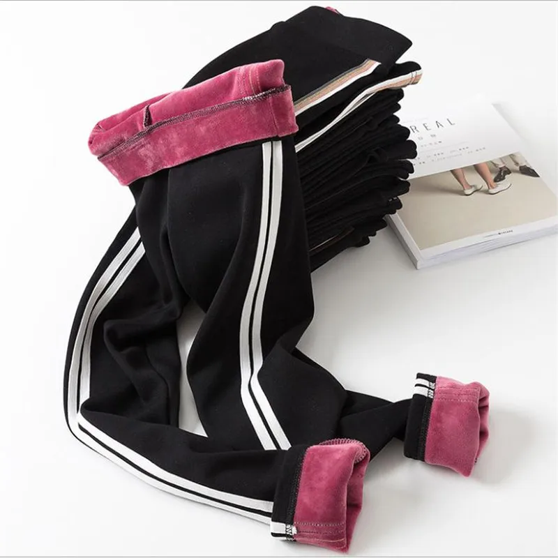 

2018New модные зимние женские повседневные штаны, женские высокие эластичные штаны в полоску, теплые, утолщенные, рыхлый щеткой, PantsMujerQ926