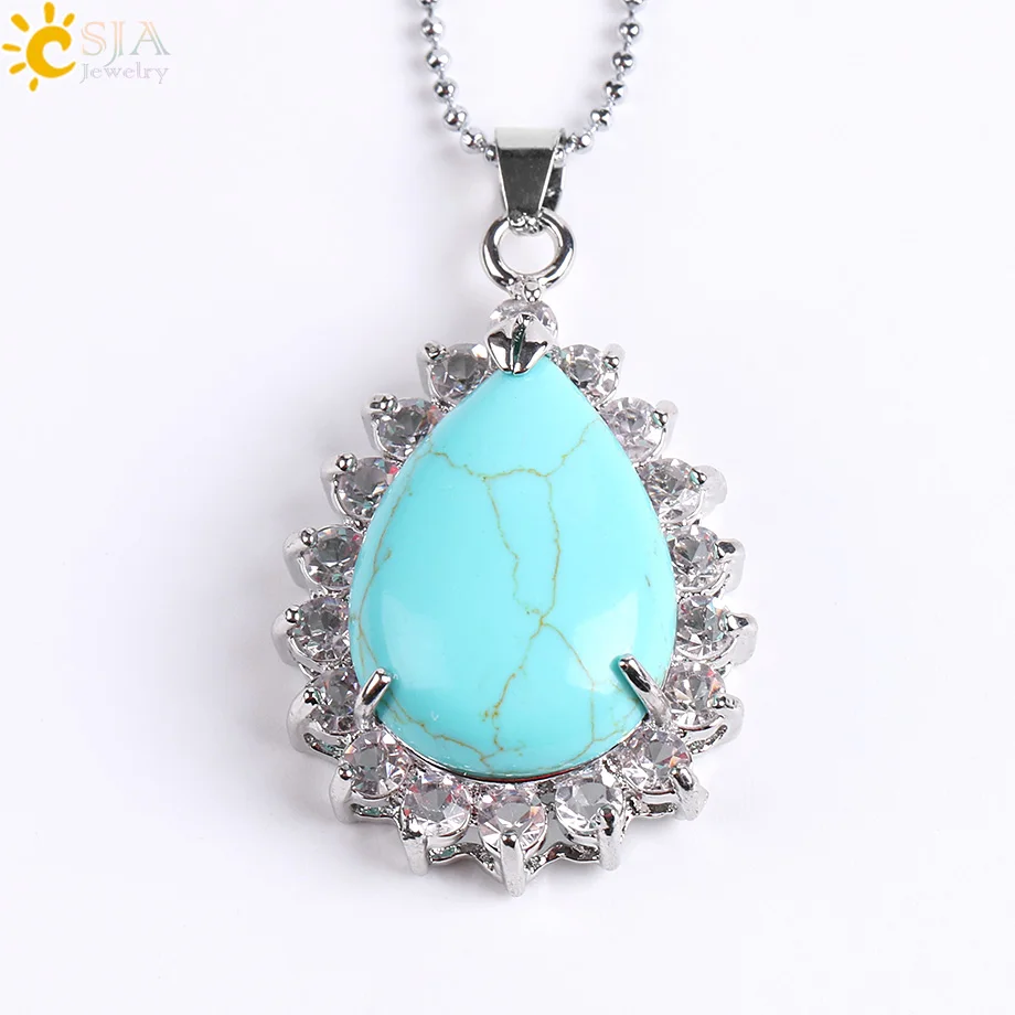 Turquoise Chain CSJA рейки натуральный драгоценный камень капли воды ожерелье Подвески фиолетовый розовый кварц Лазурит тигровый глаз опал Стразы ювелирные изделия E829 - Окраска металла: Turquoise Chain