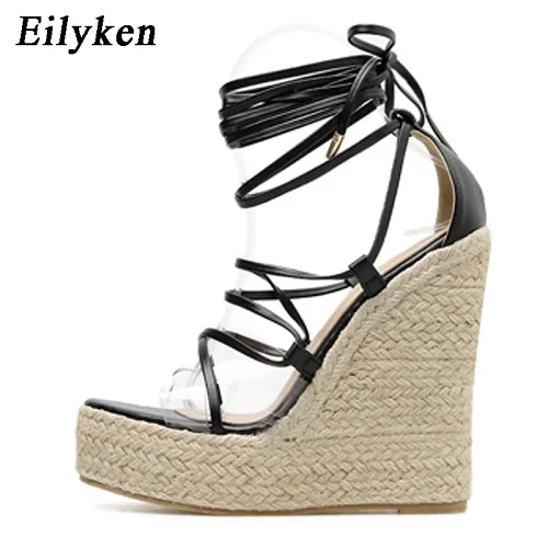 Black Eilyken/модные летние женские босоножки на танкетке; женские босоножки на танкетке с открытым носком и ремешком на щиколотке; обувь на высоком каблуке; Размеры 35-42 - Цвет: Black