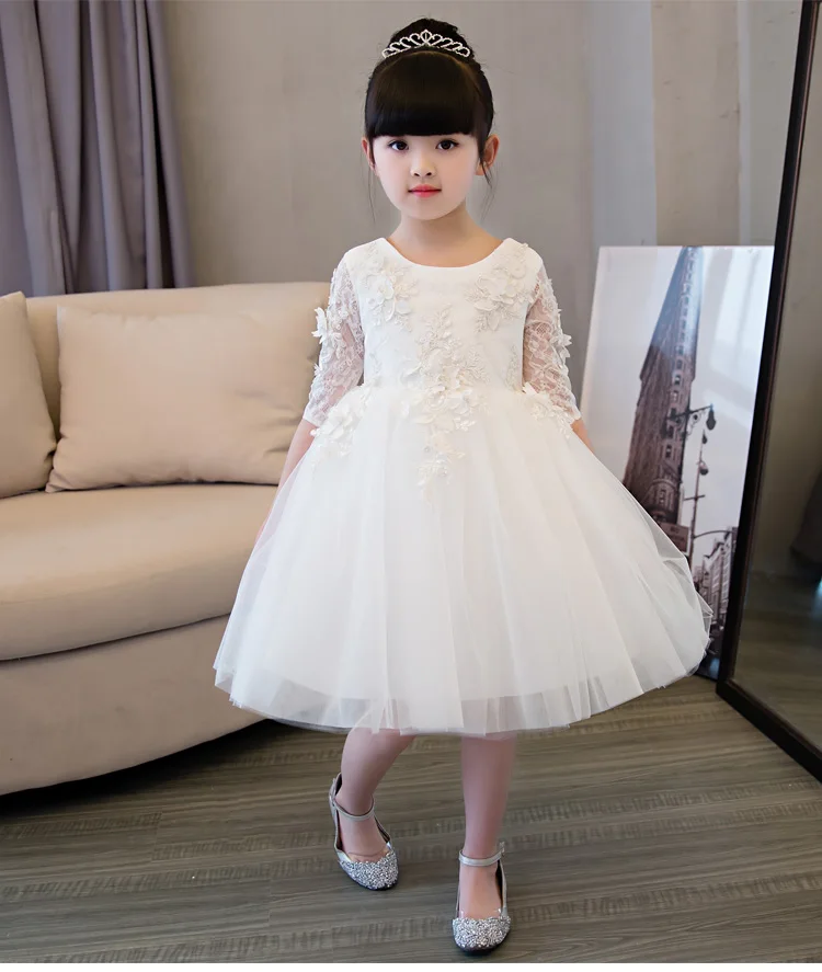 Elegant Flower Girl Dress For Weddings Appliques Tulle Evening Party Dresses Half Sleeve Baby Christening Prom Gown | Детская одежда и