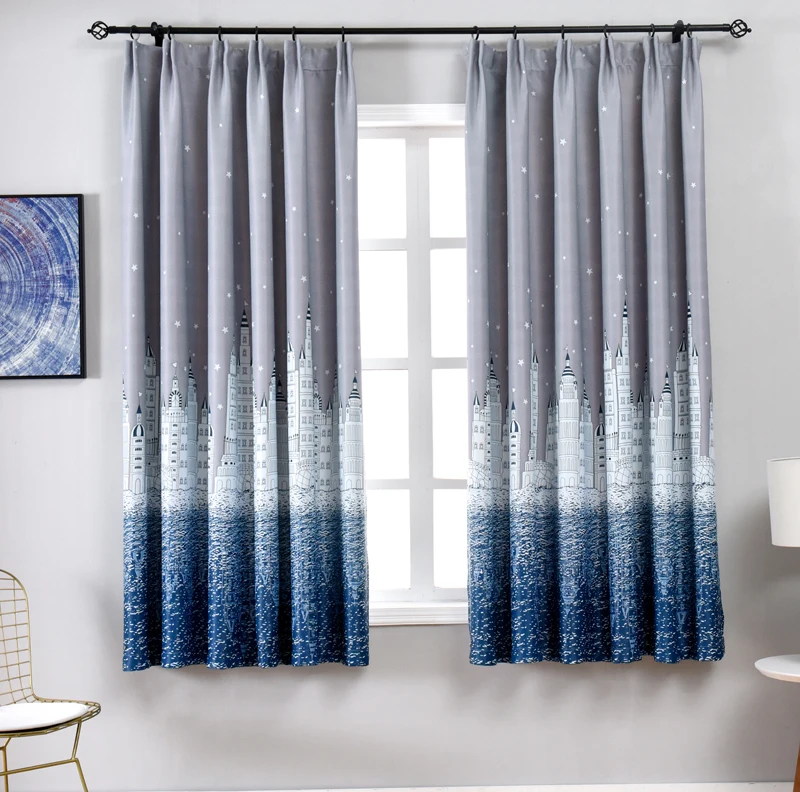 Modern Printed Castle Coffee Color Blackout Curtain For Kids Boys Bedroom Navy Blue Short Curtain Kitchen Window Drapes PC009D3