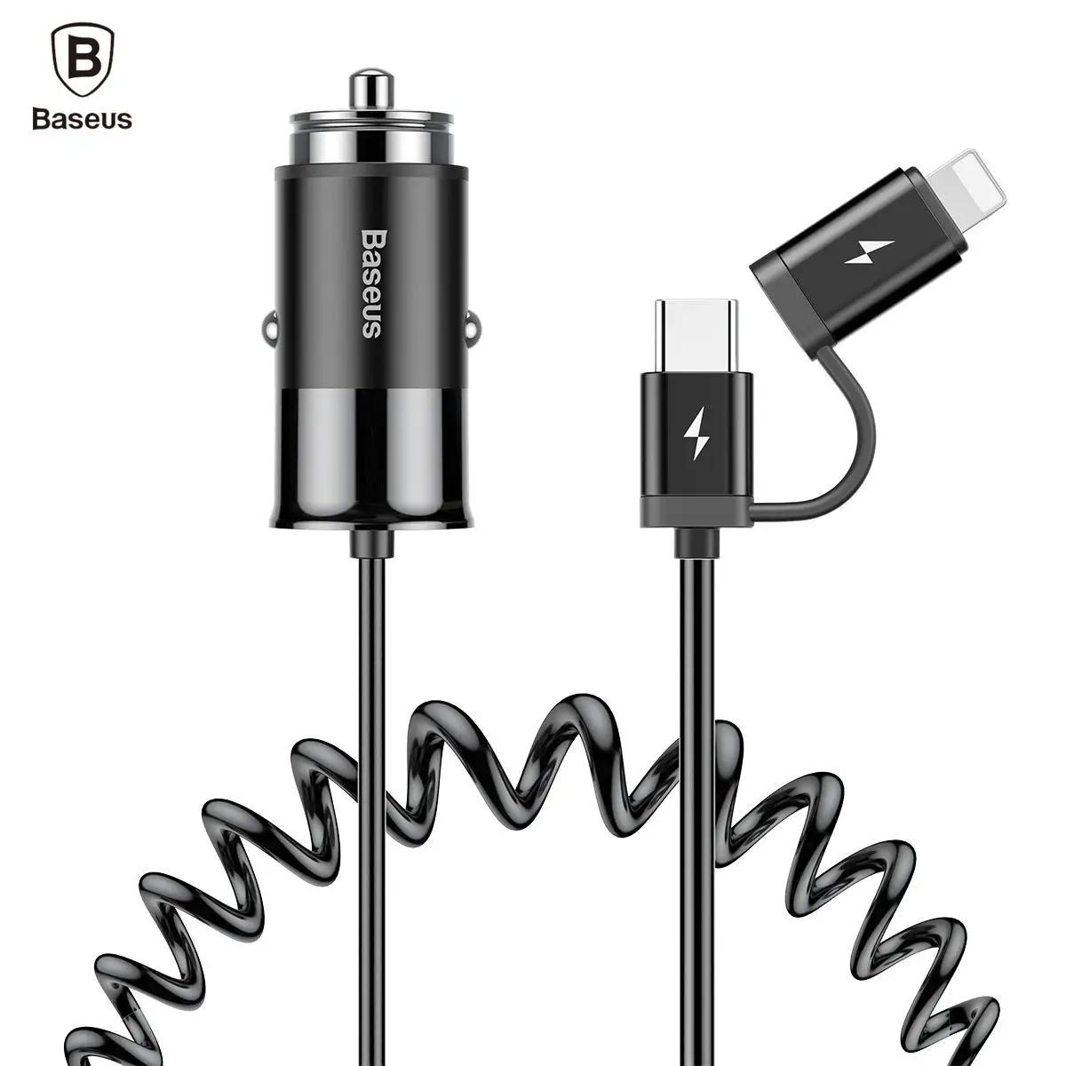 Baseus USB Автомобильное Зарядное устройство с Apple C 2 в 1 Весна кабель для зарядки