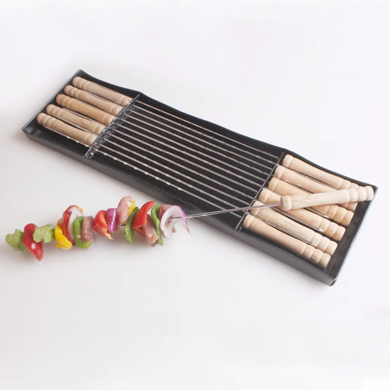 12pcs/lot 38cm/15''Wood BBQ Kebab Stick Metal bbq Skewers Wooden Barbecue Roasting Needle Grilling Kebob Skewer set | Дом и сад