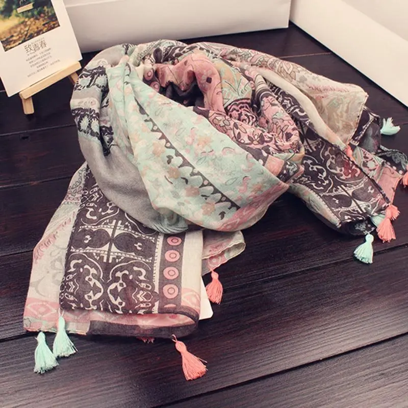 Boho кисточкой Шелковый Шарф Длинный солнцезащитный крем обертывания Для женщин