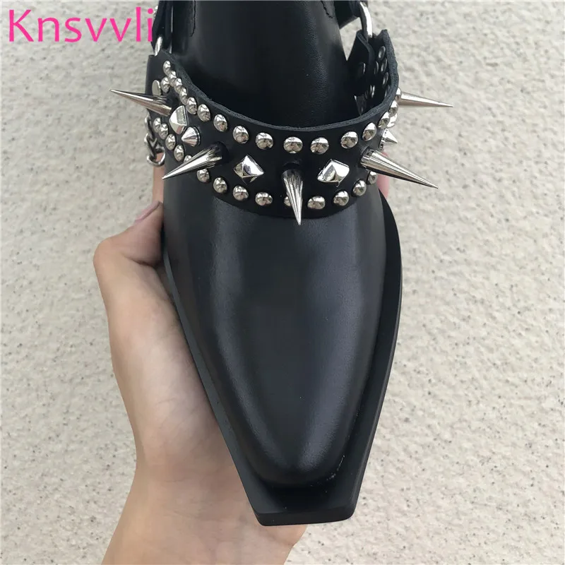 New Embroidery Western Cowboy Boots Woman Rivets Slingback Black Leather Metal Chain Chunky High Heels Motorcycle Shoes Women | Обувь