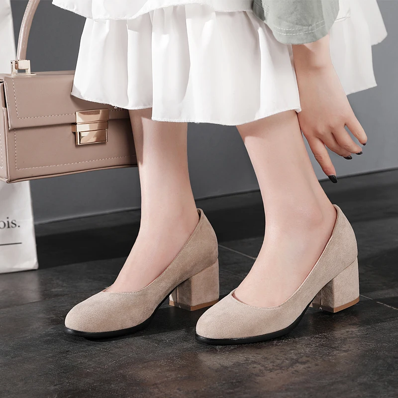 

WETKISS High Heels Pumps Women Round Toe Footwear Fashion Shallow Shoes Female Flock Shoes Woman Summer 2019 Plus Size 32-45