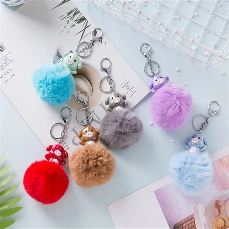 Творческий мультфильм милый свинья меховой шарик игрушка на кольцо для ключей