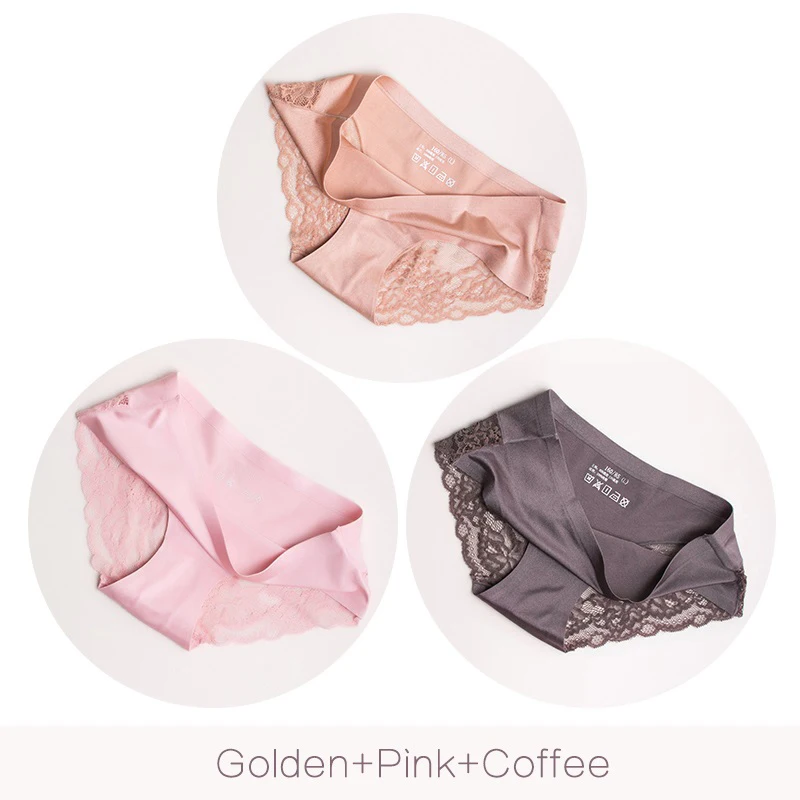 Golden Pink Coffee Женские бесшовные трусы DULASI, откровенные нейлоновые трусы с хлопковой ластовицей и прозрачным кружевом, 3 шт./набор - Цвет: Golden Pink Coffee