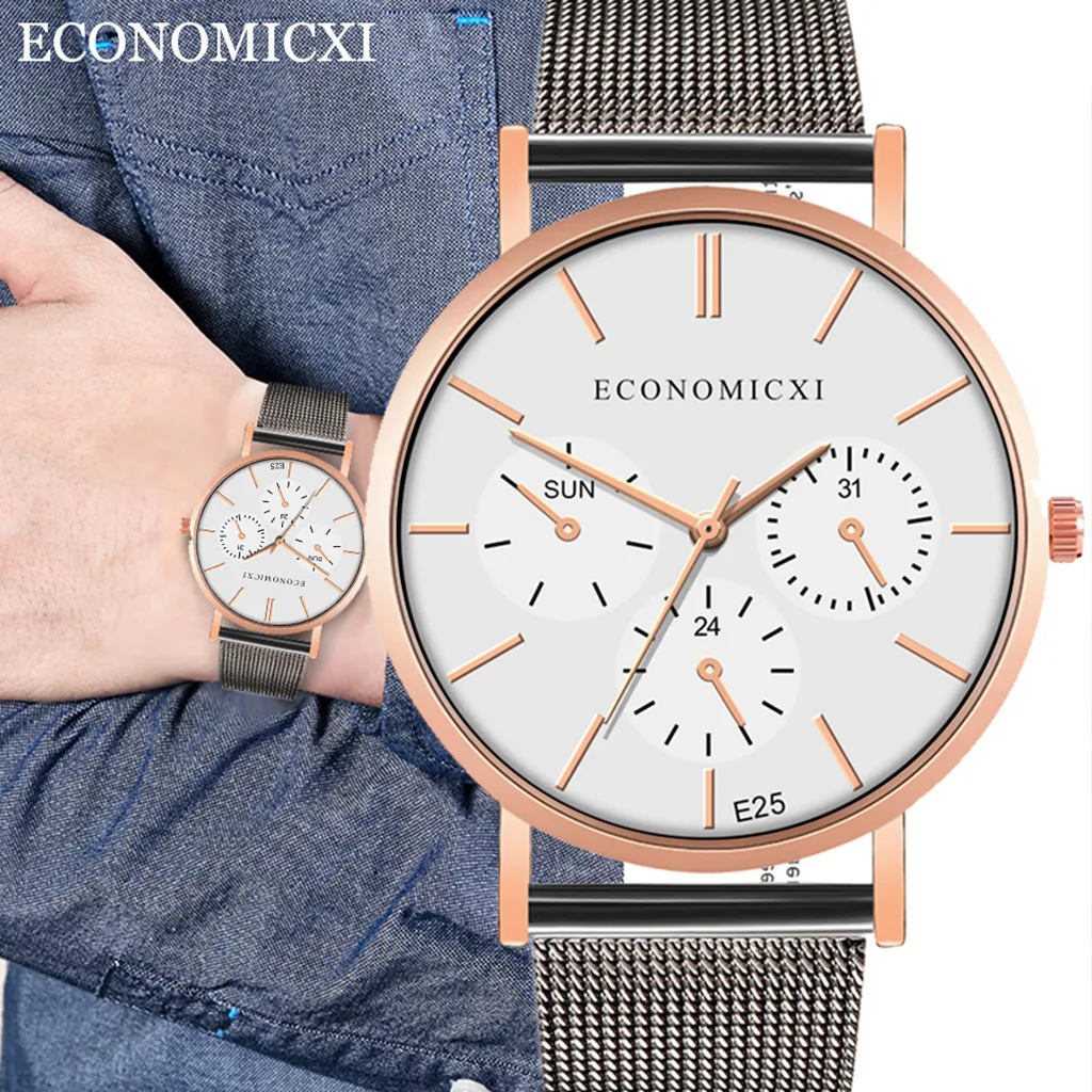 Мужские модные часы reloj hombre, простые часы из нержавеющей стали с тремя глазами, маленький циферблат, мужские кварцевые часы