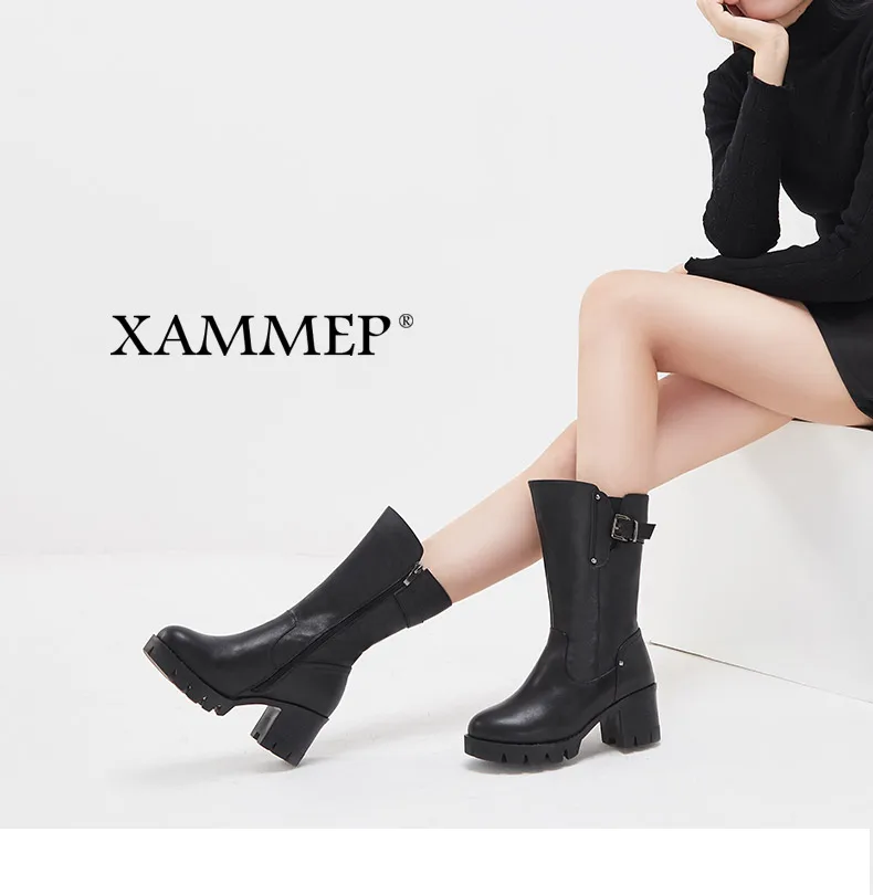 Xammep/женская зимняя обувь; Натуральная шерсть; женские зимние ботинки из натуральной кожи; высококачественные ботинки до середины икры; Брендовая женская зимняя обувь