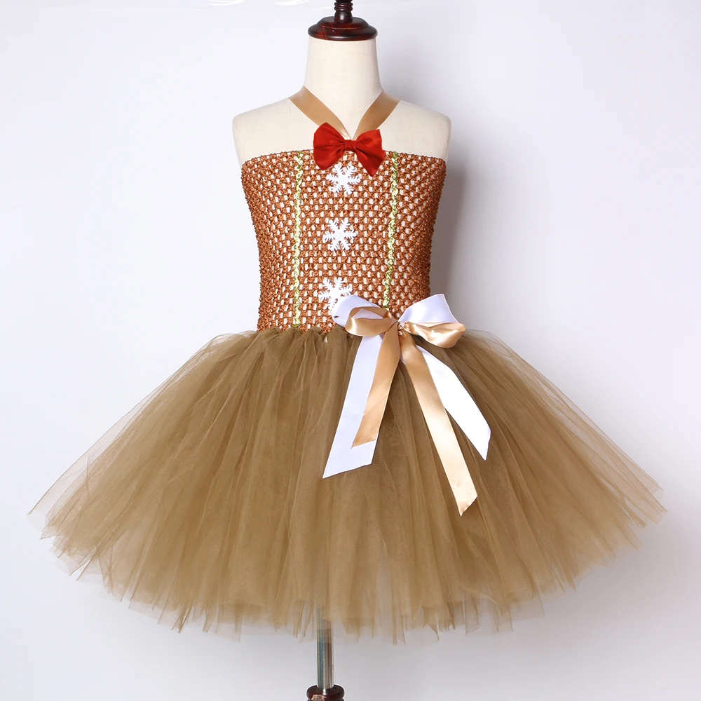 Gingerbread Man Girls Tutu Dress Brown Bow-knot Kids Christmas Party Dresses Tulle Children Carnival Halloween Costume | Детская одежда