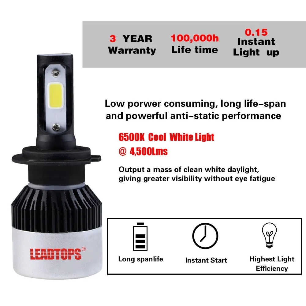 Leadtops Авто Фары для автомобиля лампы Наборы H7 LED H4 HB3 H11 H1 9005 9006 Car Light H7-6500 К CCT 72 Вт 9000LM-автомобилей фары FB