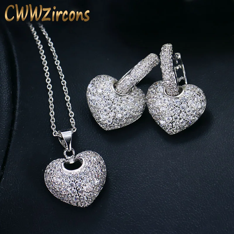 silver CWWZircons модные милые в форме сердца кубический цирконий камень любовь кулон ожерелье серьги Ювелирные наборы для дам подарок T052 - Окраска металла: silver