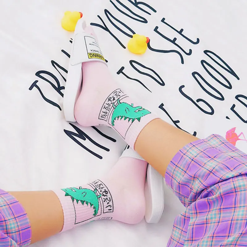 Epous/летние женские хлопковые носки Harajuku с рисунком динозавра из мультфильма