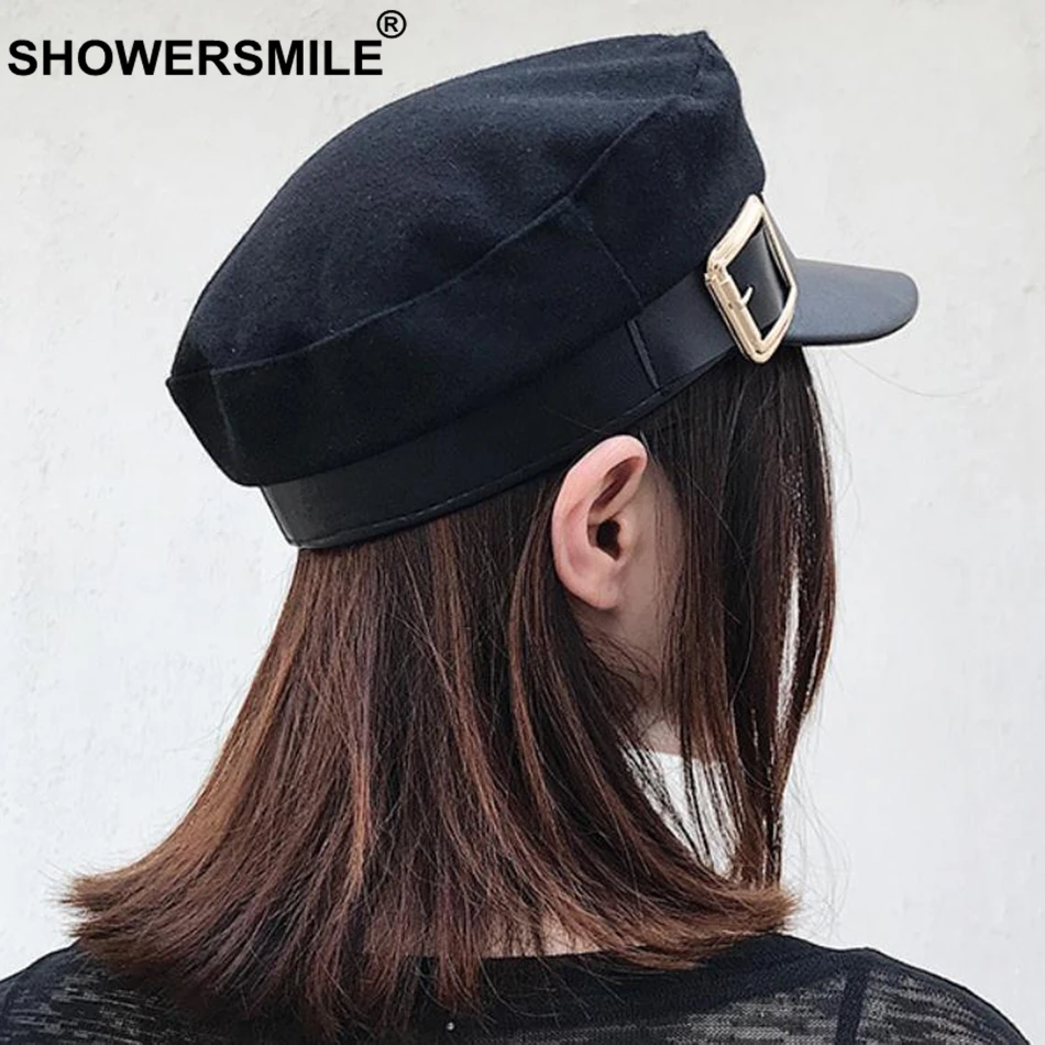 SHOWERSMILE Шерстяная кепка Newsboy s Зимняя Черная кепка женская кожаная плоская кепка s Дамская Элегантная классическая Кепка для британского Бейкера