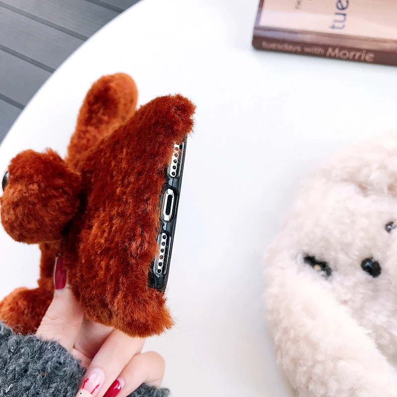 Hot sale Authentic Plush dog style soft tpu case for iphone 5 6 7 8 plus X Xs back cover candy color winter Christmas Warm hands |