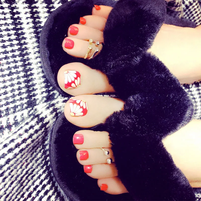 Focallure 24 Pcs Nails Sticker Natural False Toe Tips Art Decor nails Red Full Cover | Красота и здоровье