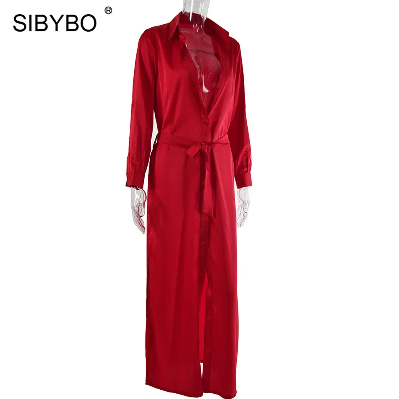 Sibybo сатиновое свободное сексуальное длинное платье с разрезом, женское летнее платье-рубашка с длинным рукавом и поясом, платье на пуговицах, пляжная одежда, макси Вечерние платья