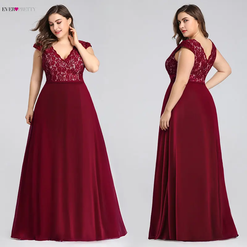 

Plus Size Prom Dresses Long 2020 Ever Pretty EP07344 Elegant Burgundy A-line Sleeveless Lace Appliques V-neck Vestidos De Gala