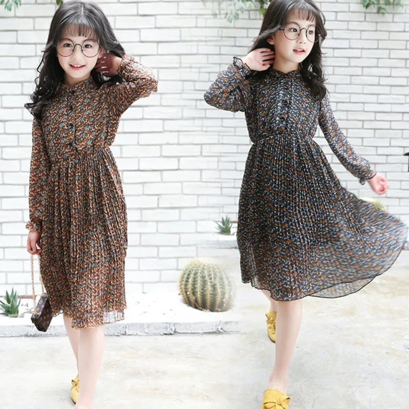 Girls Chiffon Dress Summer Vintage Floral Kids Dresses for Long-Sleeved Princess Teenage Clothes RT554 | Детская одежда и обувь