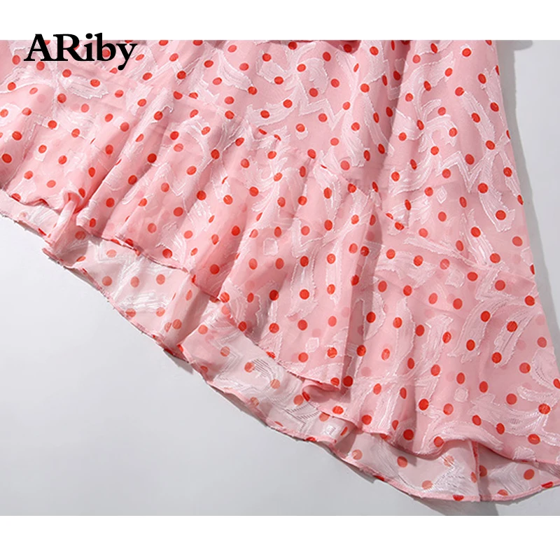 ARiby женское платье Элегантное летнее платье женское французское ретро платье с асимметричным принтом красное платье в горошек с оборками и круглым вырезом по колено