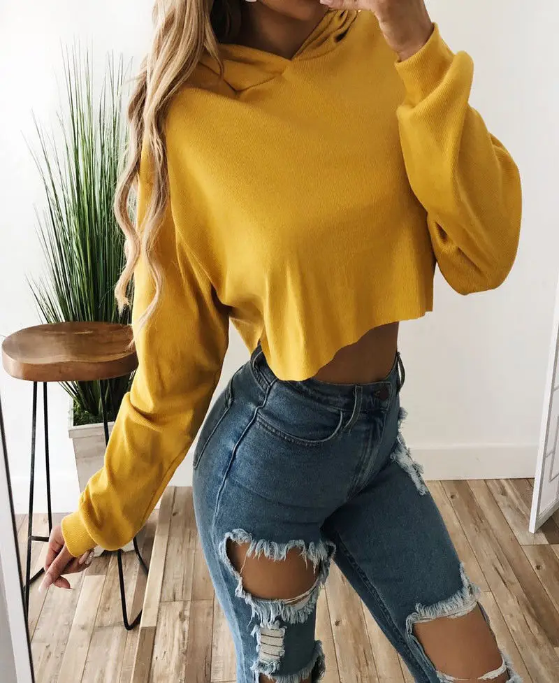 

Fashion Women Casual Long Sleeve Grils Hooded Solid Color Loose Hoodie Jumper Pullover Sweatshirt Crop Tops Shirt