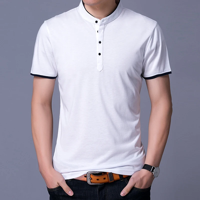 Футболка мужская с воротником-стойкой модная тенниска из чистого хлопка майка