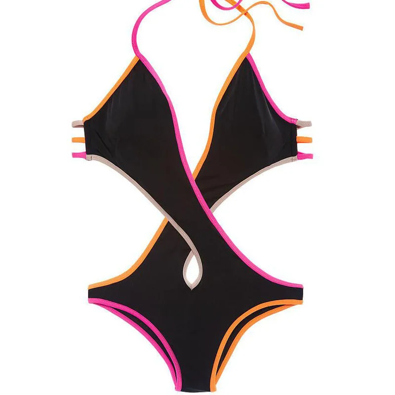2016 Summer Brazilian New Sexy Halter Swimsuit One Piece Stitching Color Backless Women Drawstring Beach Bathing suit | Спорт и