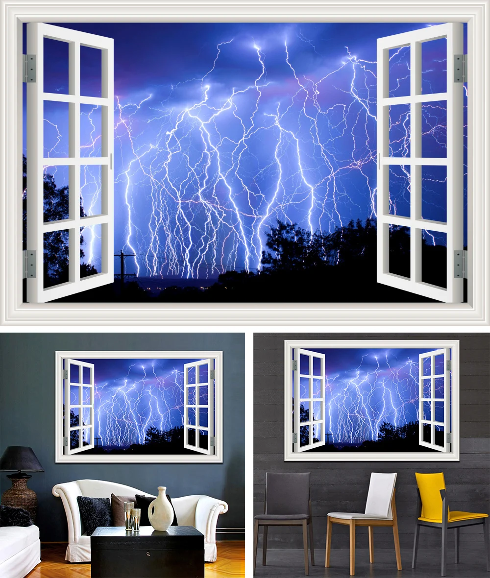3d Вид из окна стены удивительный Lightning Пейзаж Современная Природа обои фрески Стикеры наклейка виниловые Home Decor Гостиная