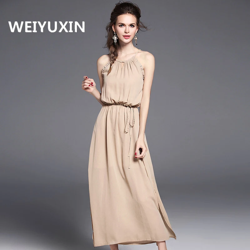 2017 высокое качество новый летний Бежевый ремень рукавов жилет платье цвета S XL