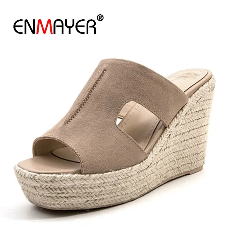

ENMAYER/Замшевые однотонные женские тапочки на очень высокой платформе Zapatos Mujer летние женские шлепанцы для улицы размер 34-39 LY1474