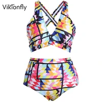 vikionfly plus size swimwear bikini women 2020 colorful strips high waist swimsuit large size bathing suit for big breast 4xl