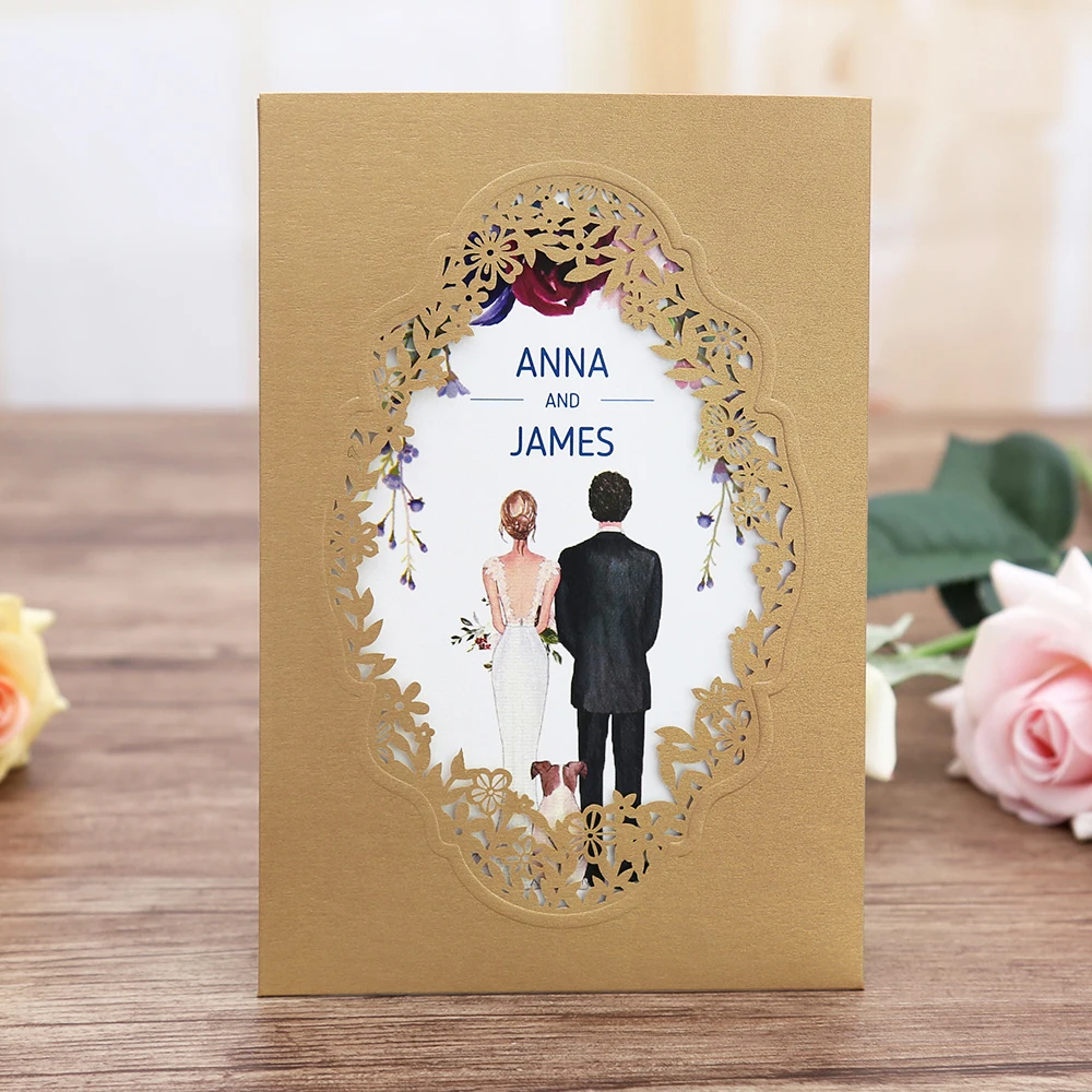 

100pcs Gold Navy Blue Pink Burgundy Vertical laser cut Business Anniversary party wedding invitation