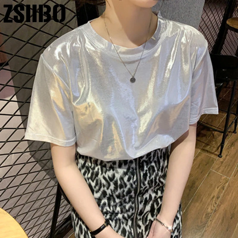 2019 Модные женские футболки блестящие Топы в уличном стиле шикарная