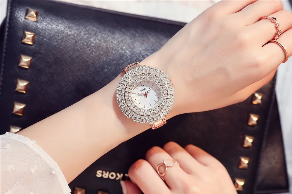 Роскошный топ бренд розовое золото женские кварцевые часы Bling Полный Кристалл циферблат браслет из нержавеющей стали платье женские наручные часы