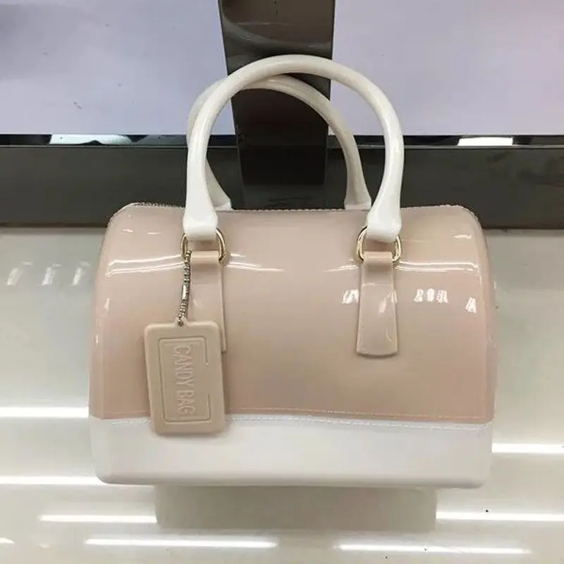 beige and white JELLYOOY, средний размер, 22 см, разные цвета, ПВХ, Женская Желейная сумка, подушка, сумка на плечо, карамельный цвет, силиконовая сумка-тоут, пляжная сумка-мессенджер - Цвет: beige and white