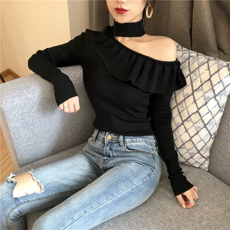Colorfaith Women Pullovers Sweater 2019 Knitted Spring Fashion Sexy Off Shoulder Ruffles Bottoming Elegant Ladies Tops SW3652 | Женская