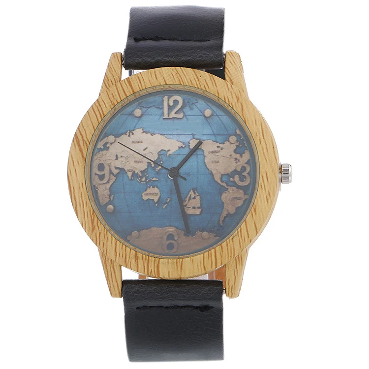 

Новые модные деревянные наручные часы унисекс, мужские часы с кожаным ремешком для влюбленных, деревянные часы, женские часы с картой мира ...