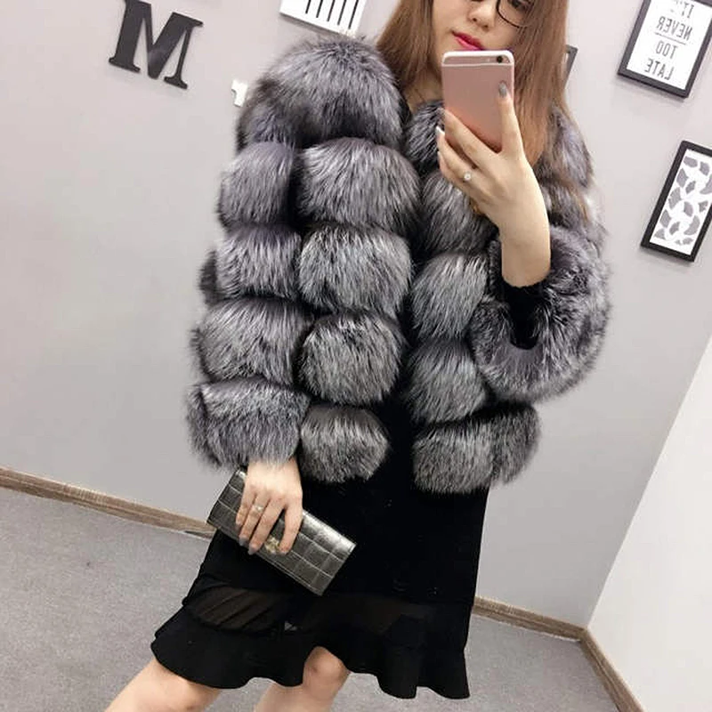 Silver Fox Horizontal Long Section Short Fur Ladies Coat Coat Xuan Fox Fox Fur Grass Single-Breasted Slim Women'S Warm Jacket06