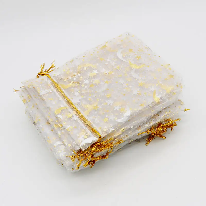 50 шт./лот, 9x12, 7x9 см, маленький пакетик из органзы, свадебные украшения, амулеты, упаковка ювелирных изделий, сумки, Лунная звезда, шнурок, Подарочная сумка, сумки - Цвет: White