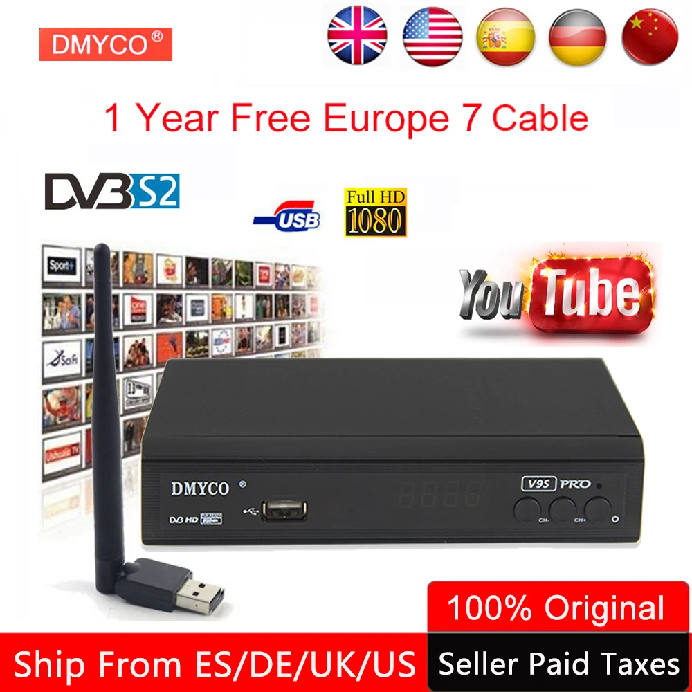Original Satellite TV Receiver Decoder Full HD DVB-S2 Support 7 Cable Europe Spain Poland Powervu PVR YouTube Receptor +USB WIFI |
