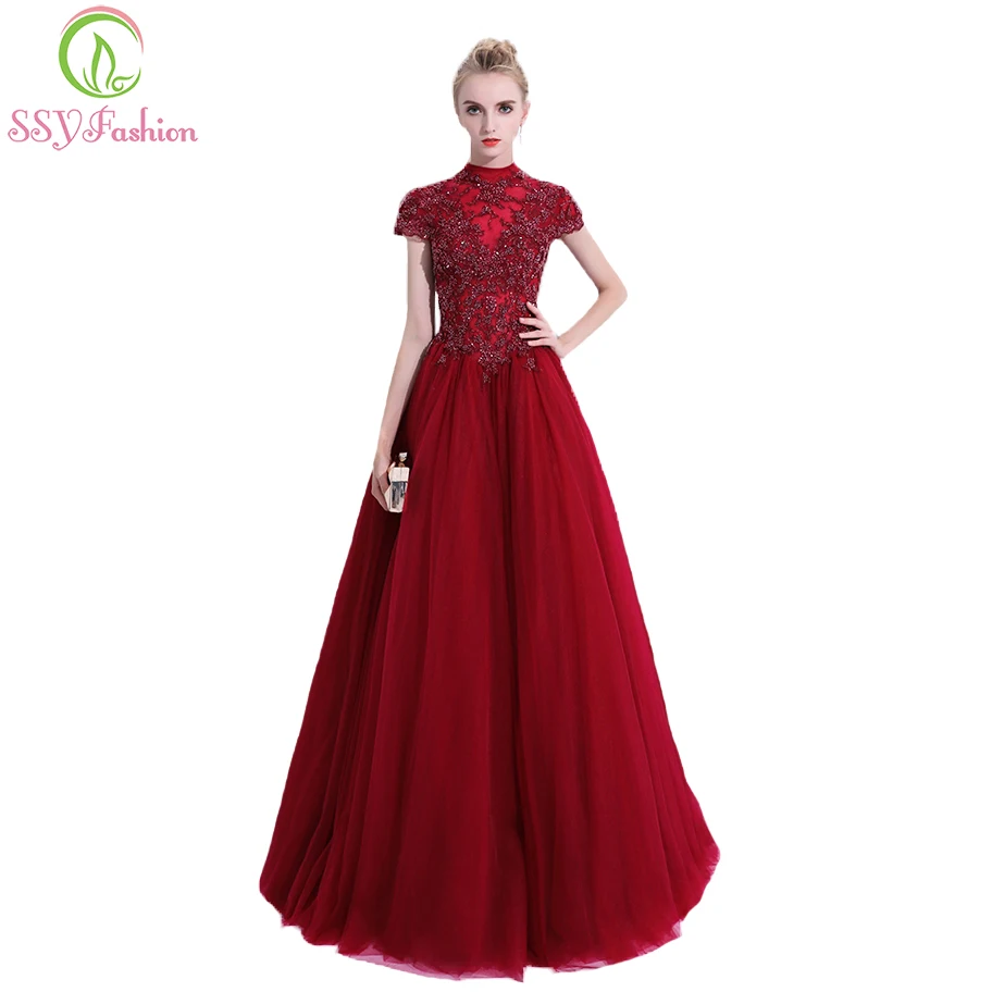 SSYFashion New Huxury Beading Long Prom Dress Elegant Wine Red High-neck Floor-length Evening Party Formal Gown Robe De Soiree | Свадьбы и