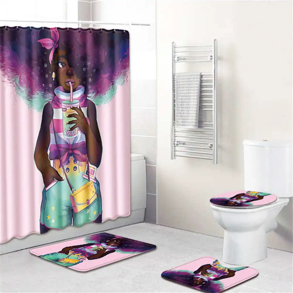 4pcs shower curtain Картина маслом для девочек, водонепроницаемый декор для ванной комнаты, занавеска для ванной, нескользящий фланелевый ковер для туалета, коврик для ванной, набор занавесок для душа - Цвет: 4pcs shower curtain