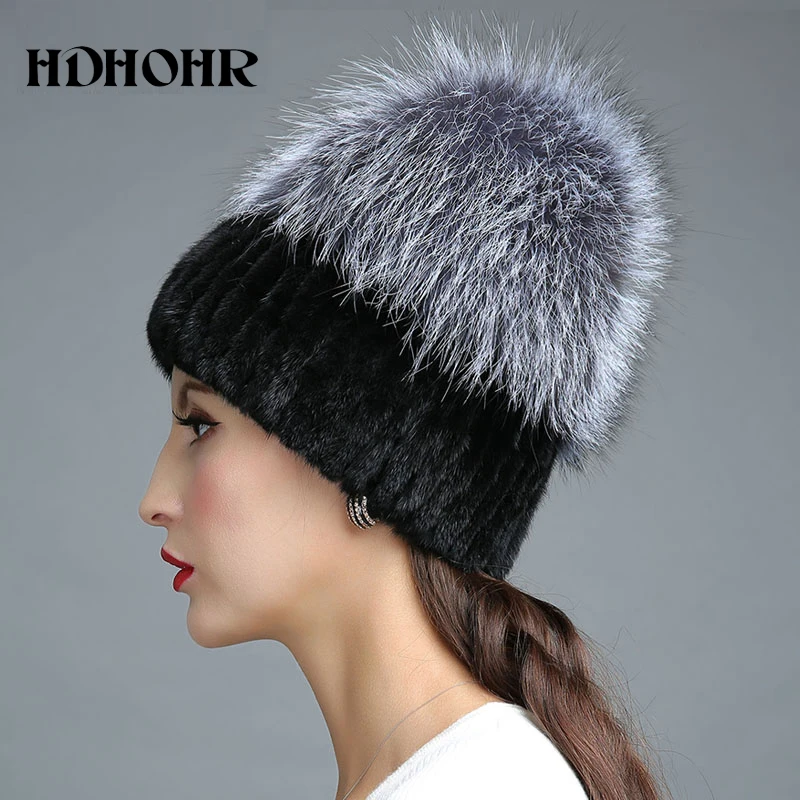 HDHOHR новая зимняя шапка из натурального меха для женщин, шапка из натурального меха норки с мехом серебристой лисы, вязаные шапочки, модные женские меховые шапки