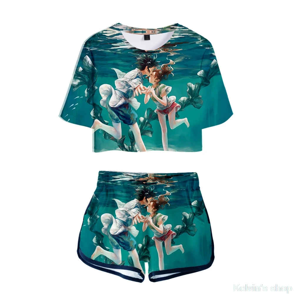 2019 Hot Sale New Spirited Away japaness Women Two Piece Set Shorts and shirts sexy Navel tshirt K-pops sets Plus Size Crop Top | Женская